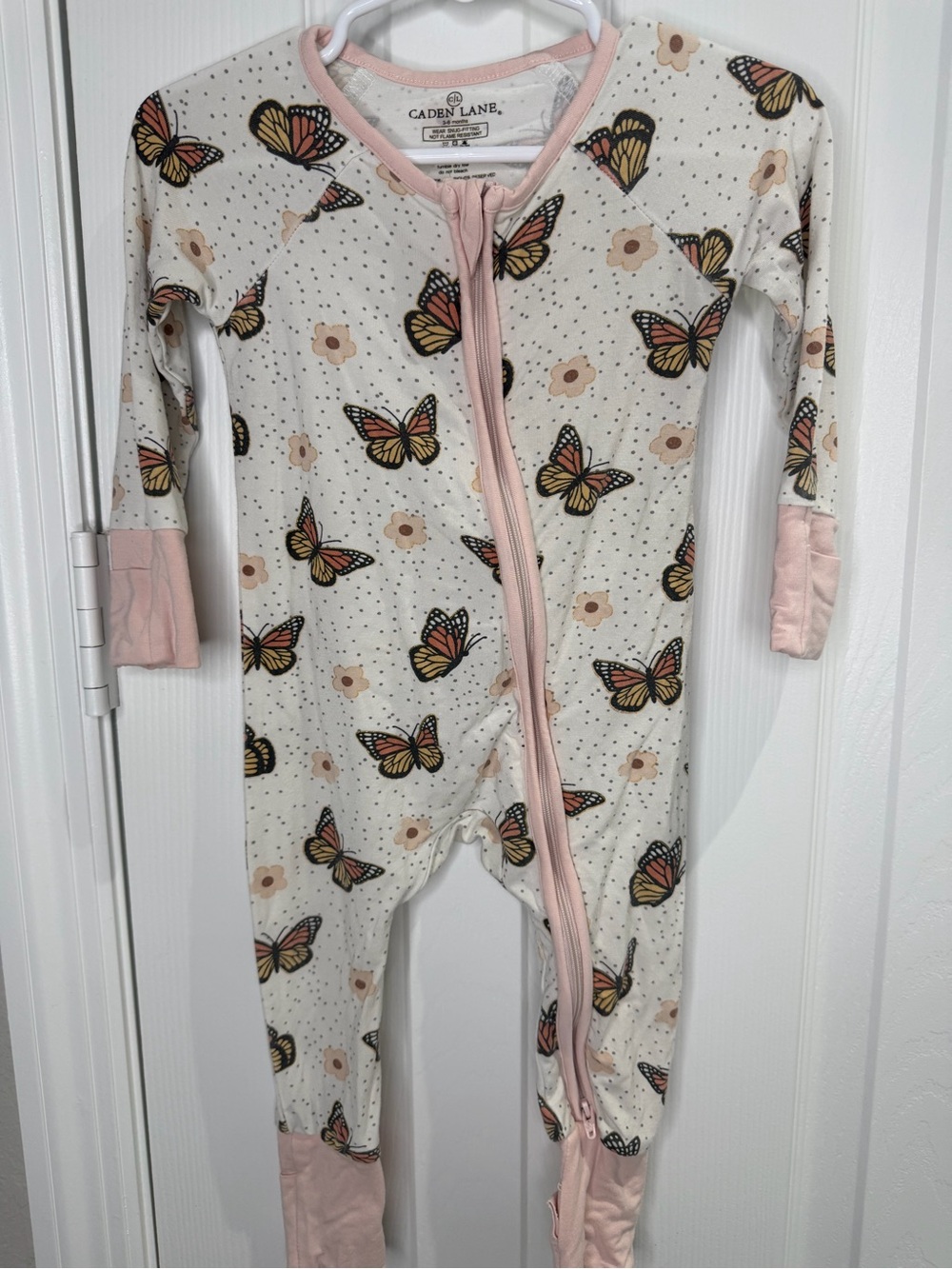 Caden Lane Bamboo White Butterfly Zip Footie with Pink Trim 3-6 months